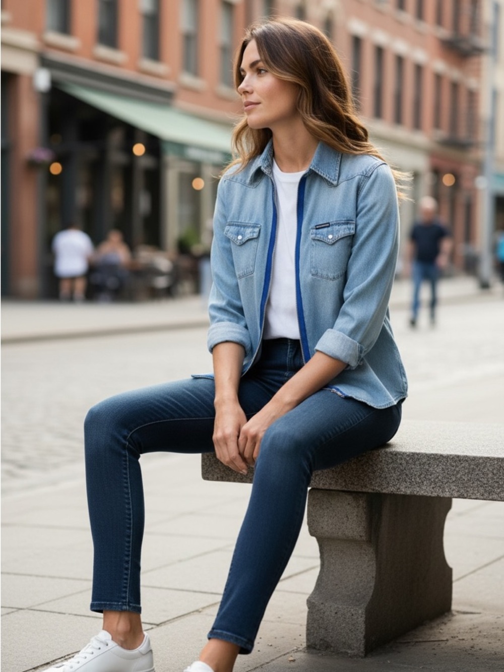 Calvin Klein Jeans Light‎ Blue Denim Button-Down Shirt with Blue Zipper Trim